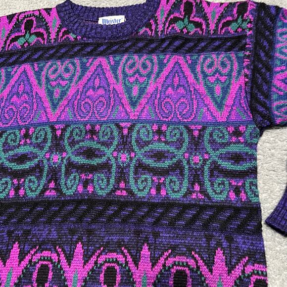 Vintage 80s Meister Sweater Blue / Pink Womens Small Ski Geometric Wool Blend - Picture 2 of 7